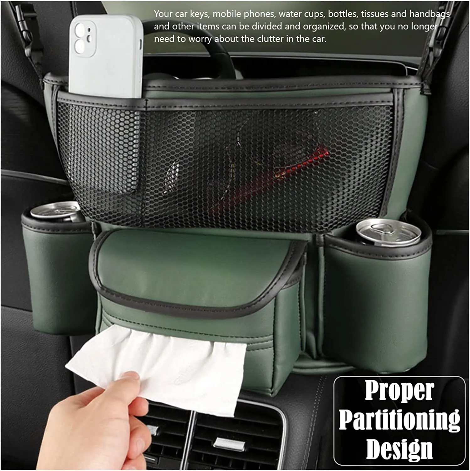 Car Net Pocket Handbag and Purse Holder Between Seats, Large Capacity Multi-Function Automotive Interior Organizers and Storage Bag in Center Console Armrest Box, Universal Fit for All Cars, Car Accessories