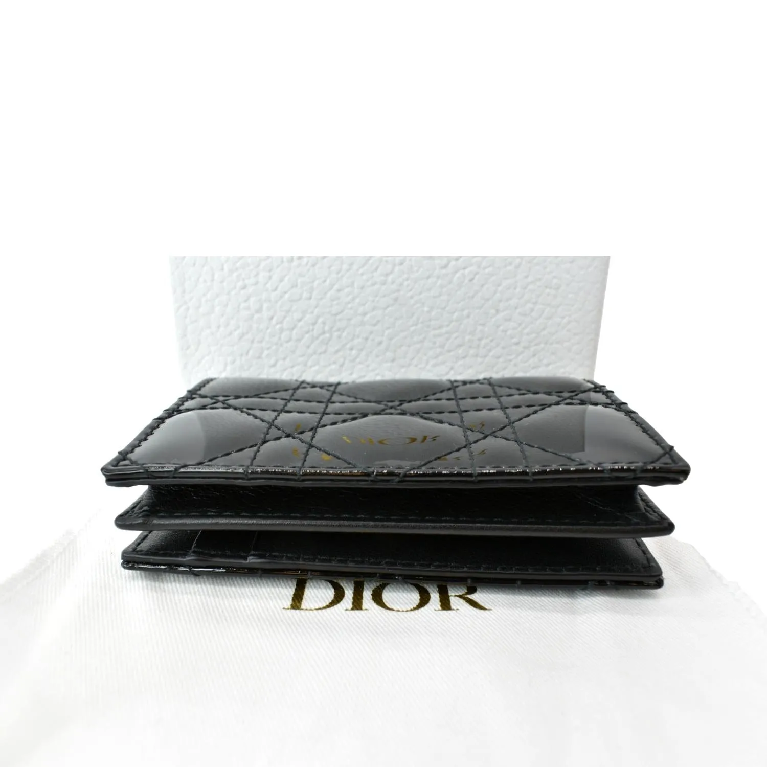 CHRISTIAN DIOR Mini Lady Dior Cannage Calfskin Leather Compact Wallet Black