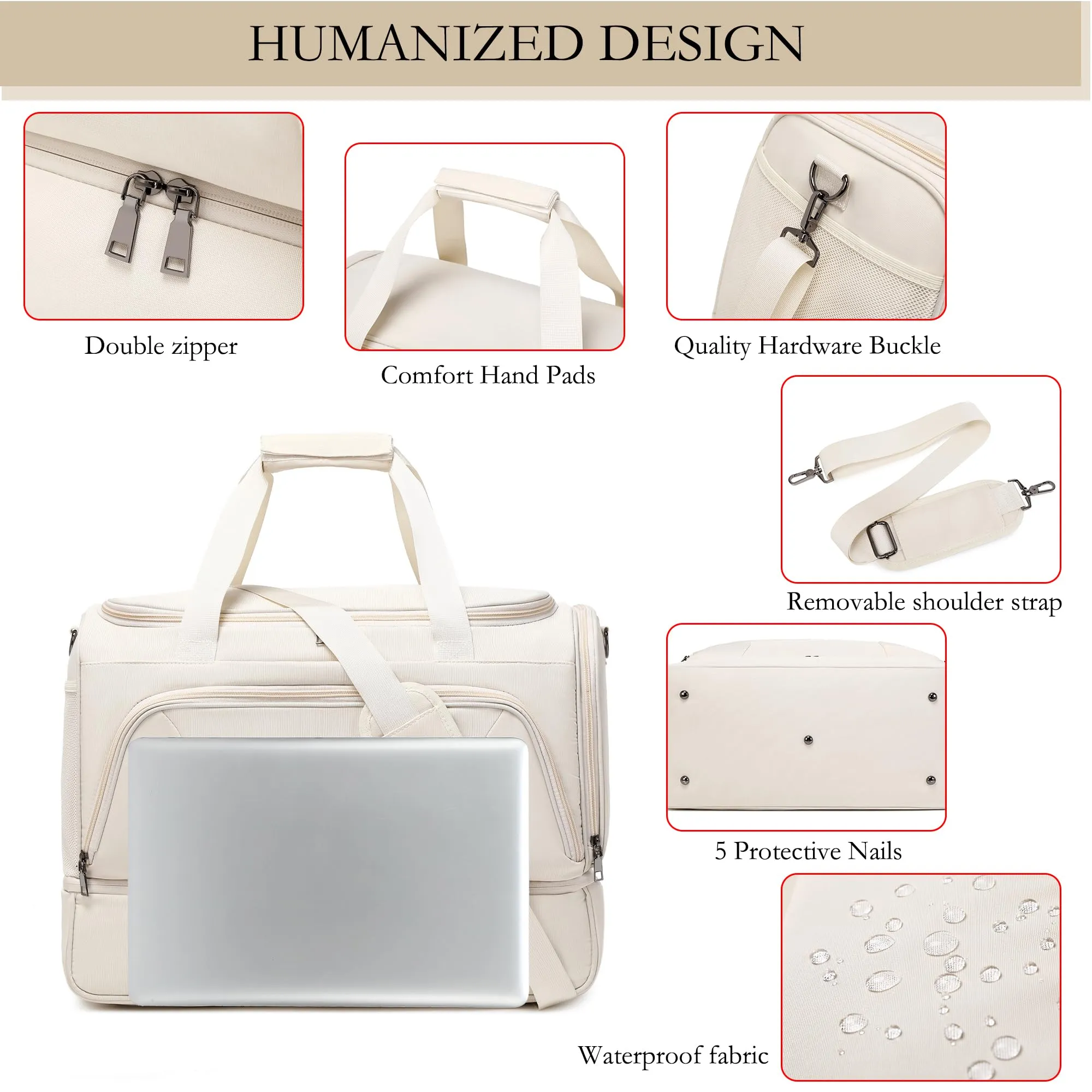 Makukke Weekender Overnight Bag for Women, Large Travel Carry on Duffle Bag with Shoe Compartment & Toiletry Bag, Sports Tote Gym Bag, Beige Weekender Bag
