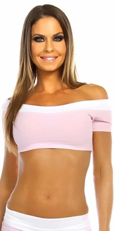 Sexy Off The Shoulder Namaste Yoga Work Out Gym Top - Baby Pink/White